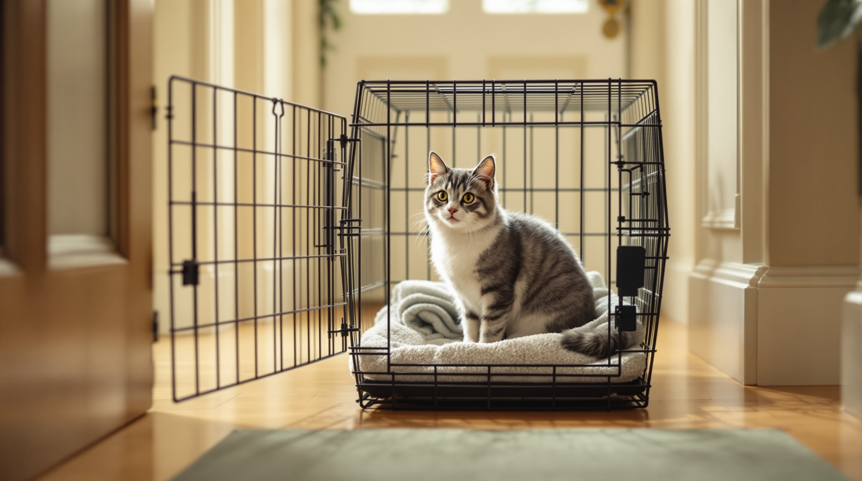A young grey and white cat looking out from inside a carrier in a bright hallway