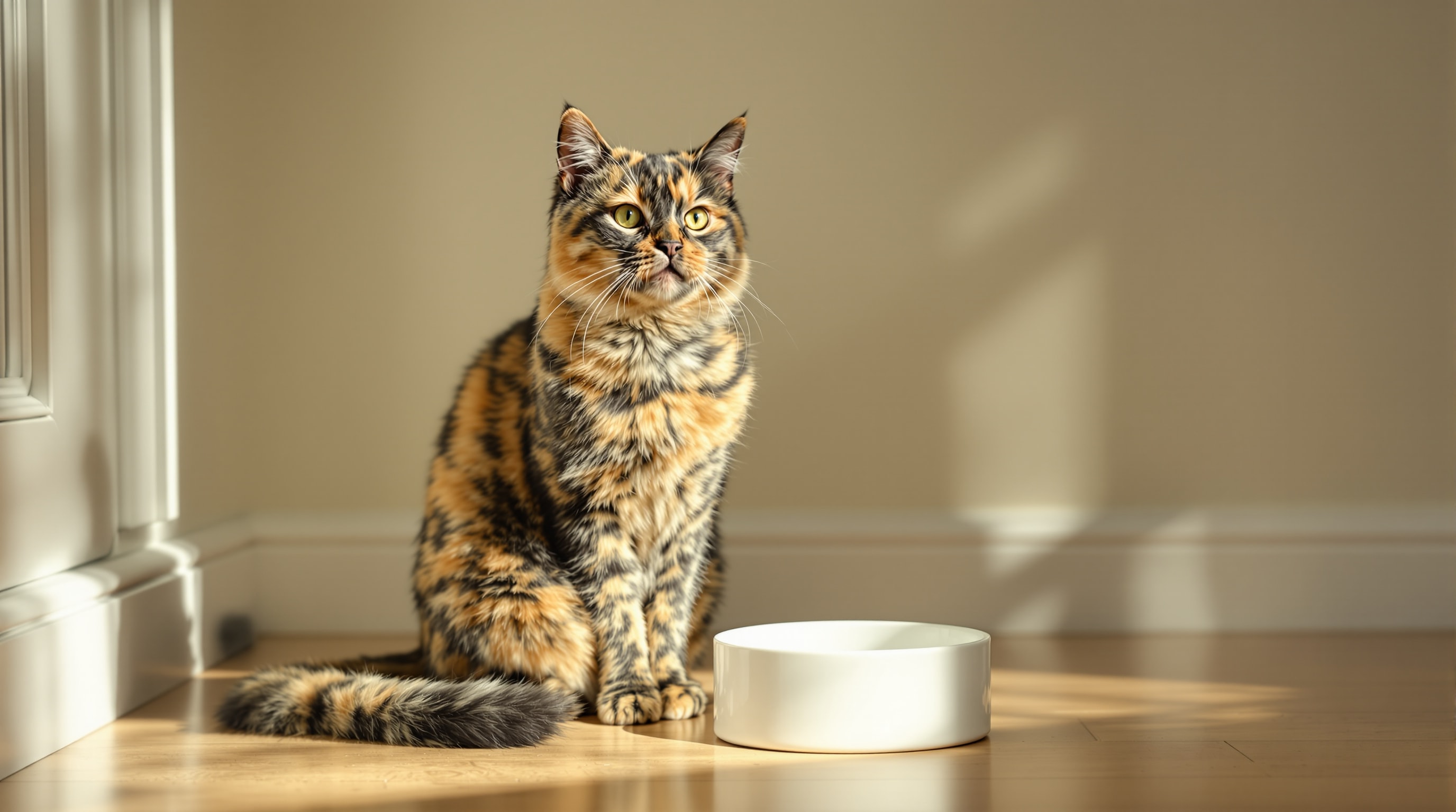 A tortoiseshell cat waiting beside a plain white food dish on a wooden floor