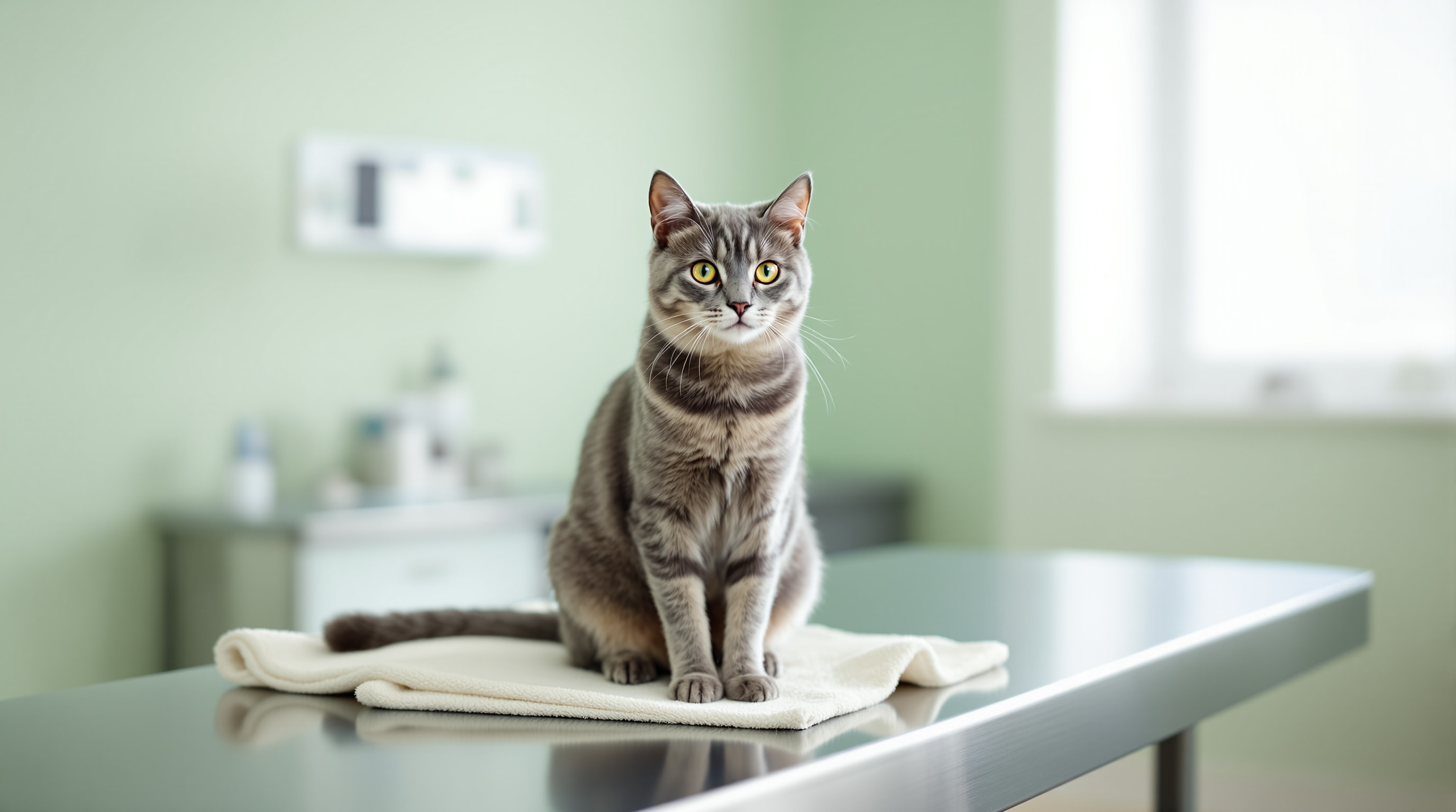 A grey shorthair cat sitting calmly on an examination table in a veterinary consulting room