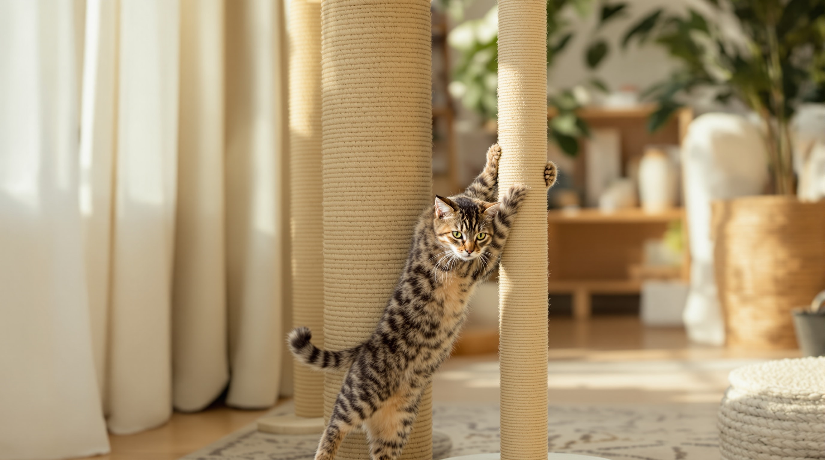 A brown tabby cat stretching upward to scratch a tall sisal-covered post