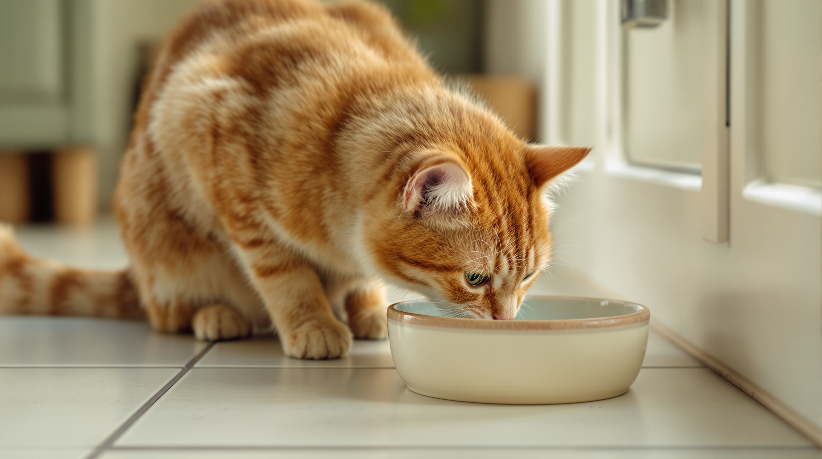 A ginger cat drinking from a wide shallow ceramic bowl on a kitchen floor