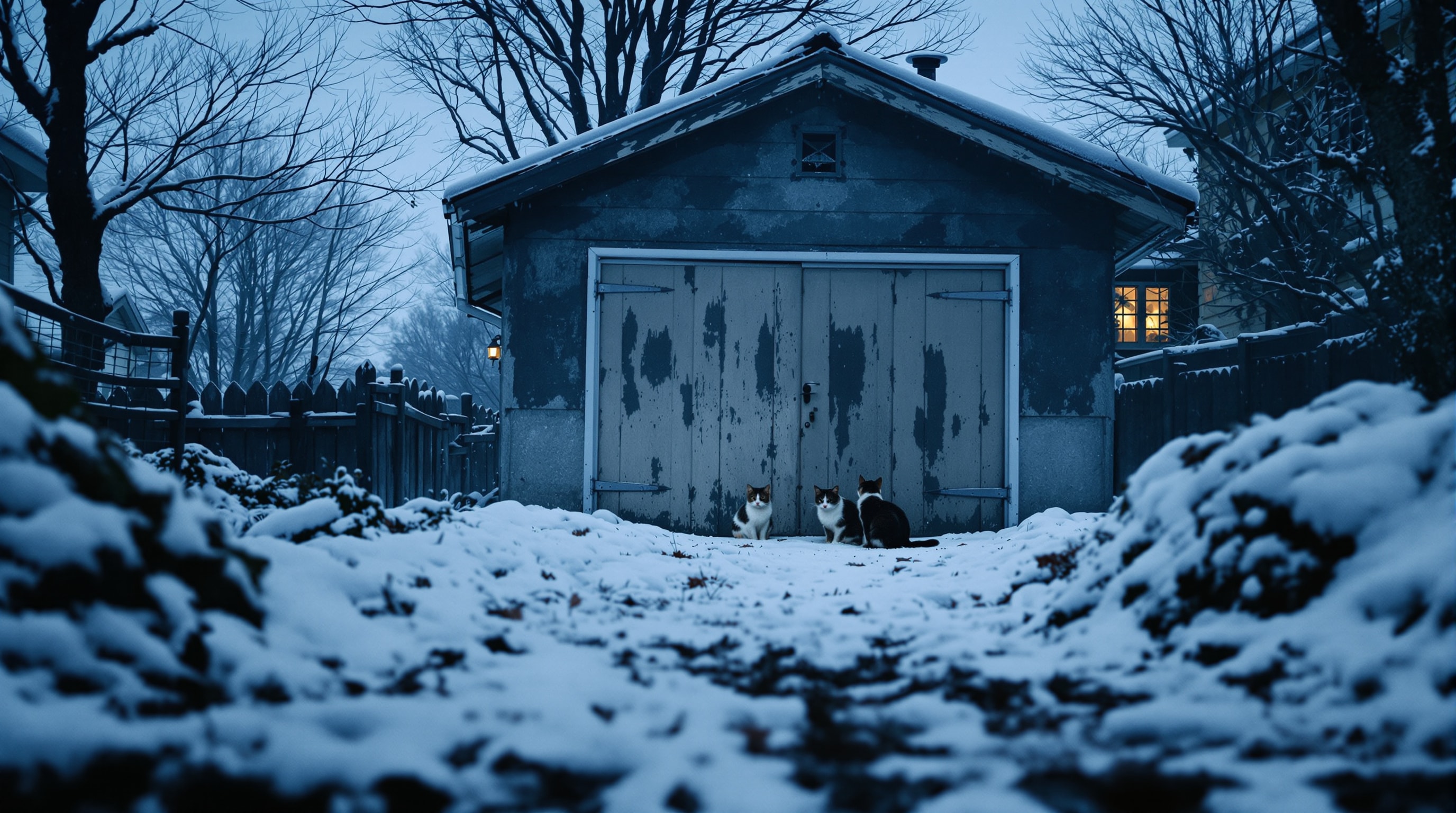 Two stray cats sheltering beside a weathered garage in a snowy residential laneway