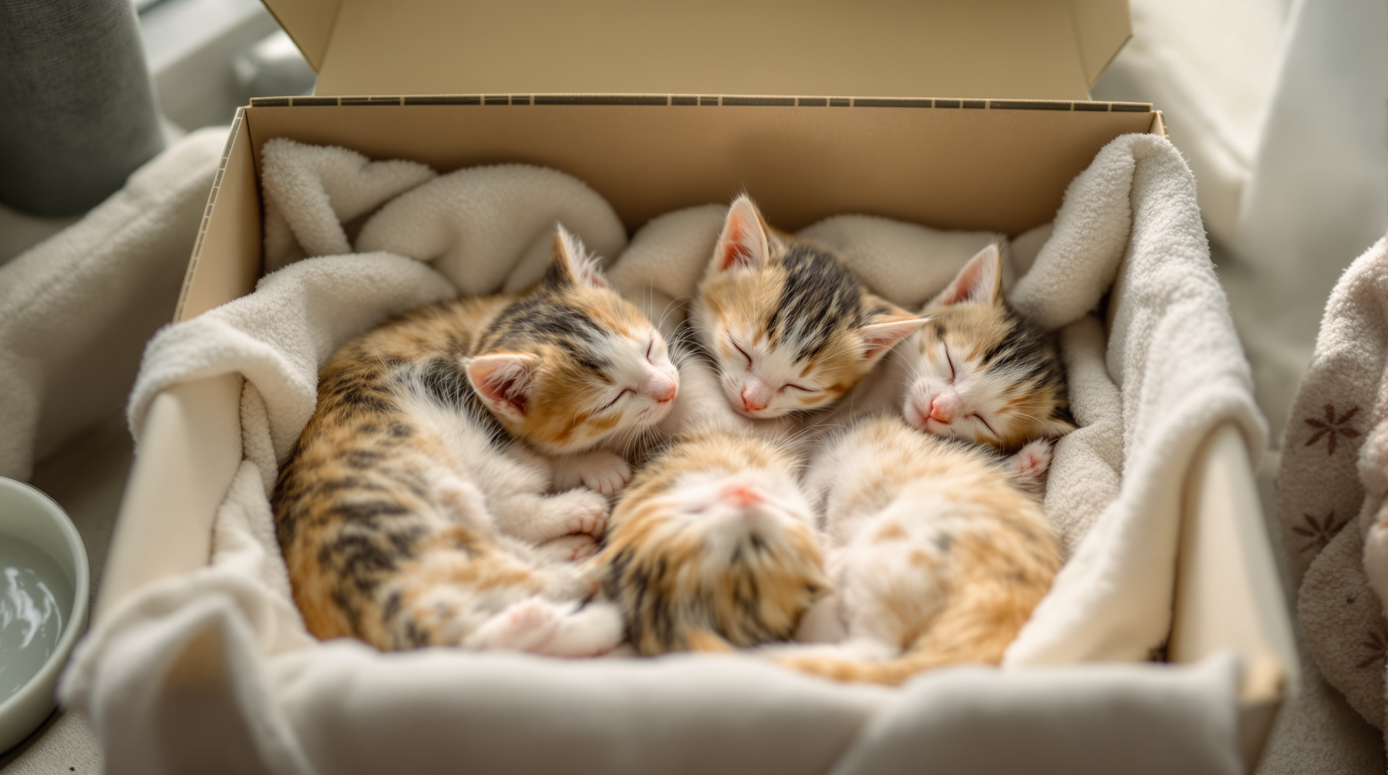 A litter of young kittens asleep together in a lined cardboard box in a quiet room