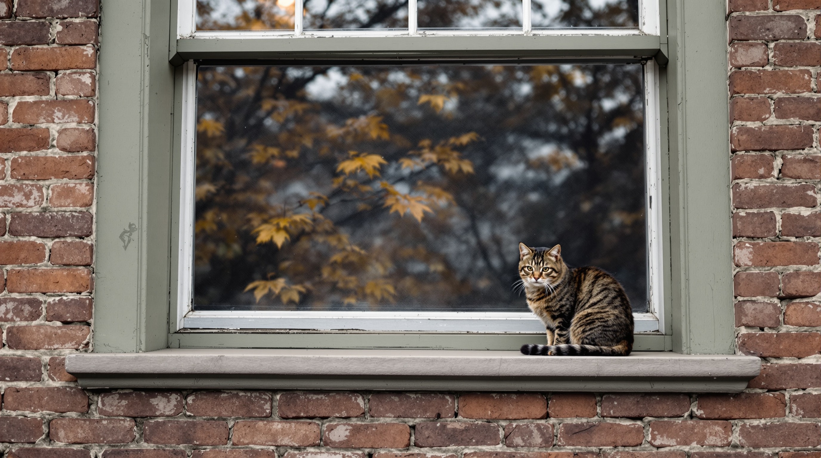 A tabby cat resting on the wide windowsill of an older Toronto house in soft morning light