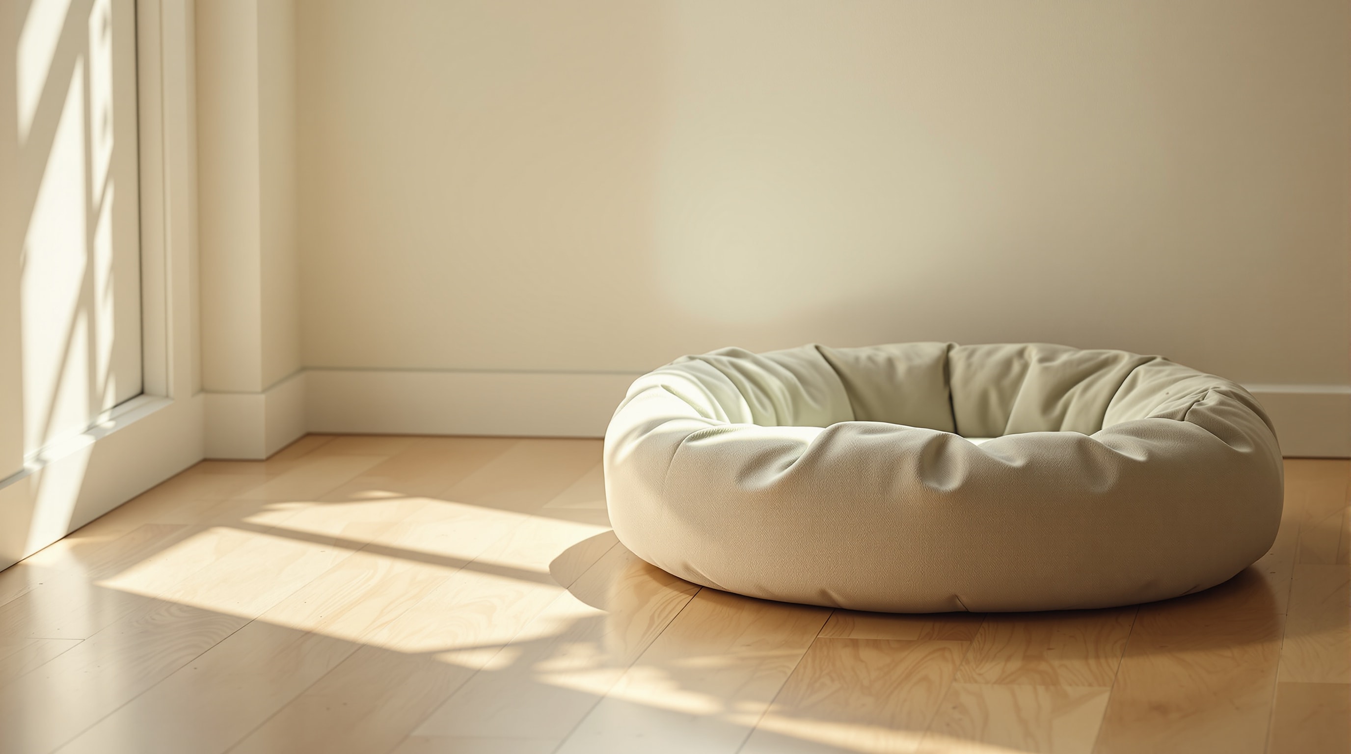 An empty cat bed beside a sunlit window in a quiet room