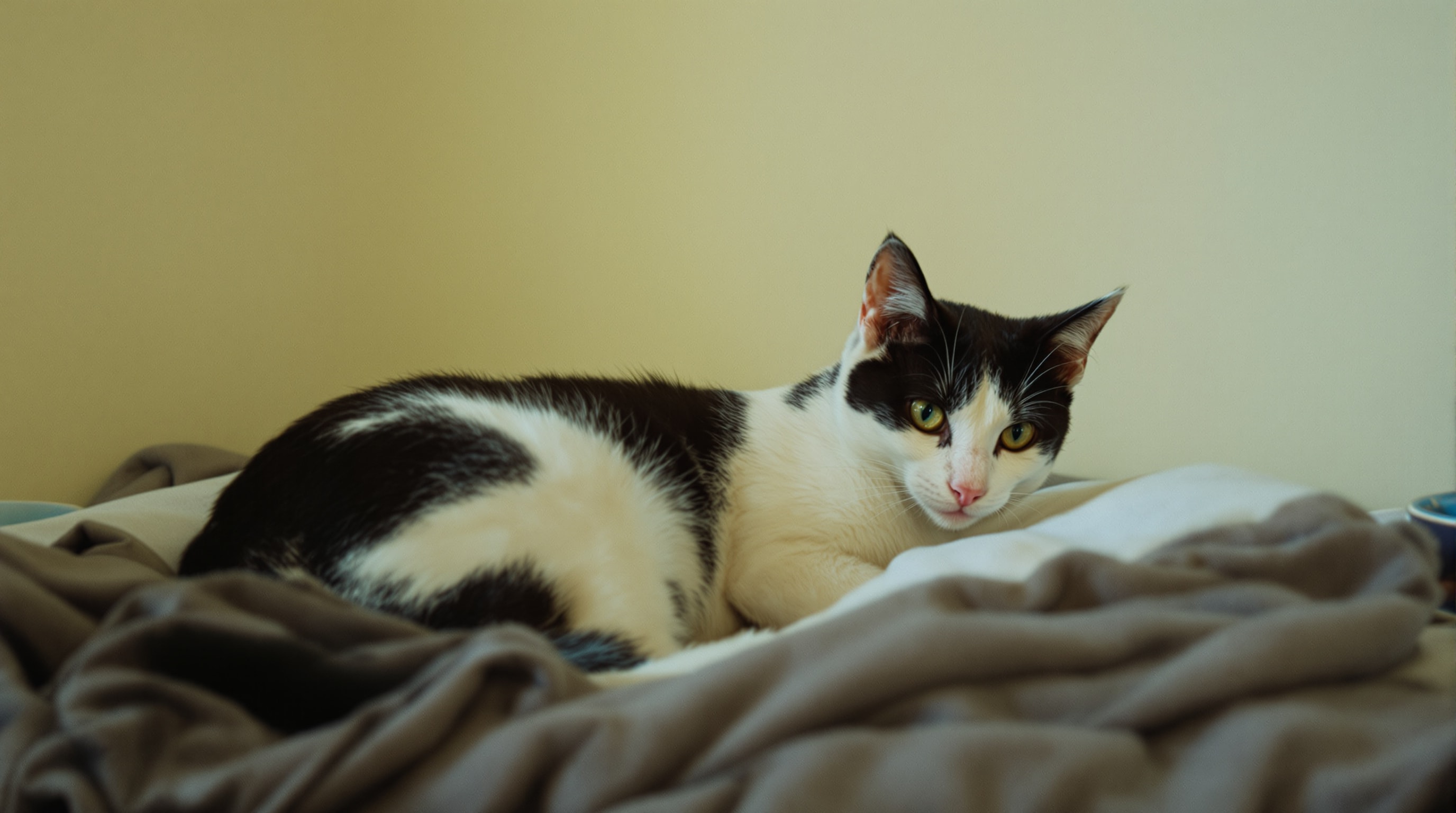 A rescued black and white cat with a tipped ear resting on a folded blanket
