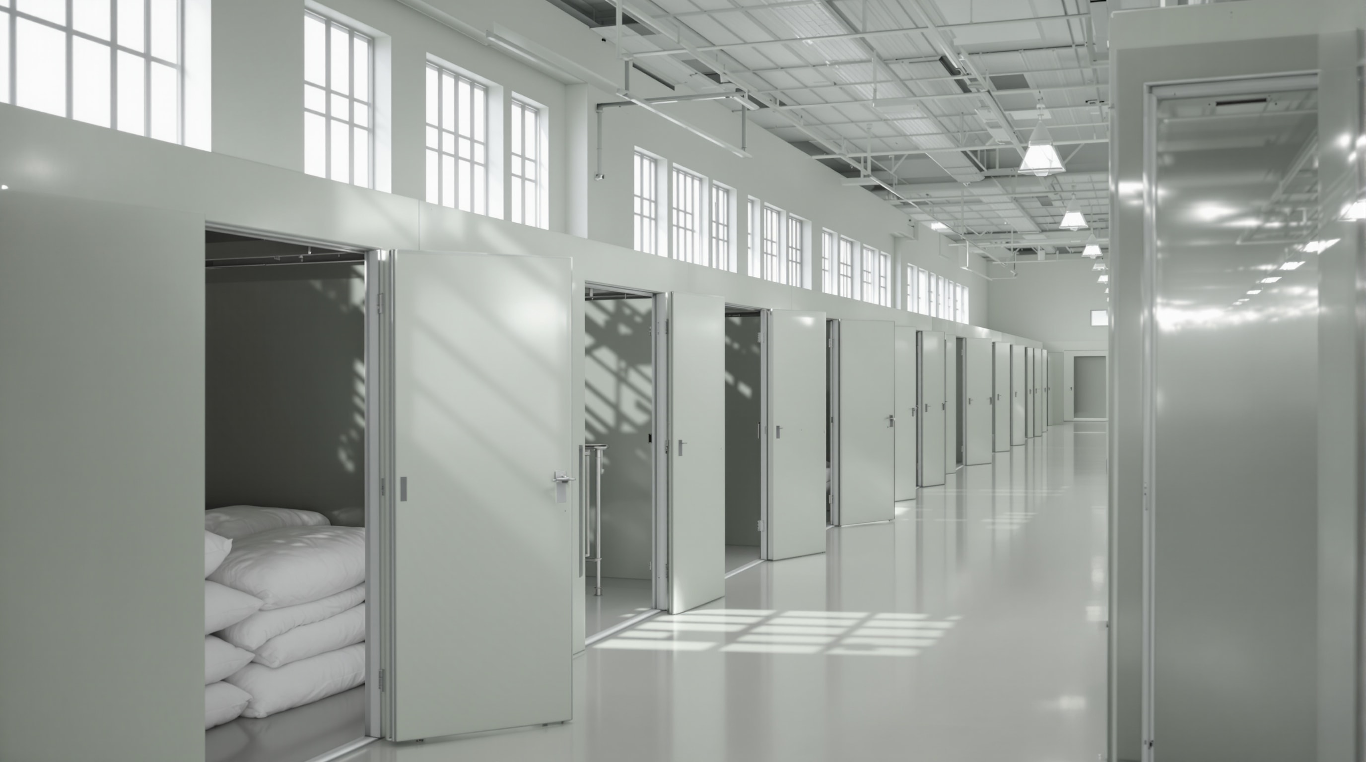 Empty clean shelter kennels with open doors and folded bedding